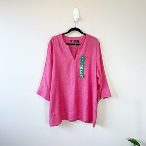 Land’s End Linen Blend Tunic Pink Split Neck Pockets Lagenlook Size XL NWT’s